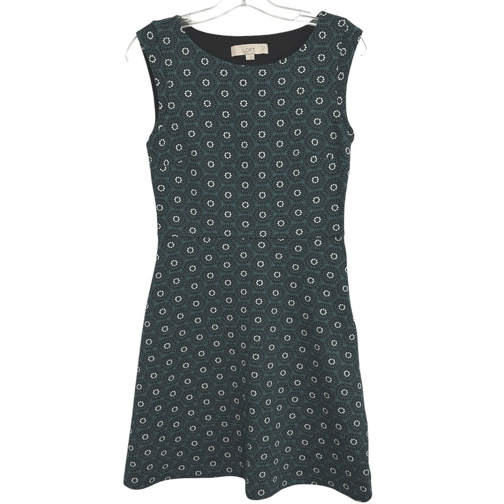 LOFT Fit and Flare Dress Womens Teal Black Medallion Jacquard Knit Mod Retro 2